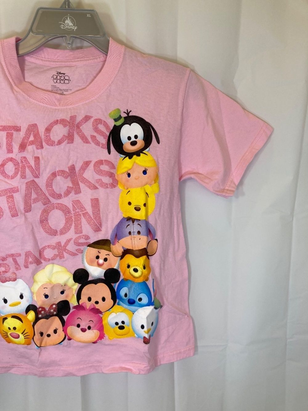 Disney Tsum Tsum Pink YOUTH Shirt Sz L 10/12 Small Marks Glitter Accent - Picture 10 of 14